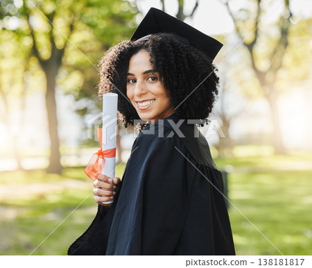 Graduation, portrait of woman and smile with diploma to celebrate event, education and college scholarship outdoor. Happy university graduate with certificate, award and certified achievement in park Graduation, portrait of woman and smile with diploma to celebrate event, education and college scholarship outdoor. Happy university graduate with certificate, award and certified achievement in park 138181817