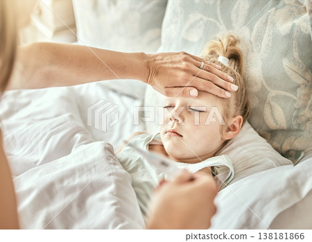 Parent, hands and thermometer with sick kid, fever or flu virus in bed from cold at home. Closeup of mother checking child with illness for temperature or measurement in bedroom or rest at house Parent, hands and thermometer with sick kid, fever or flu virus in bed from cold at home. Closeup of mother checking child with illness for temperature or measurement in bedroom or rest at house 138181866