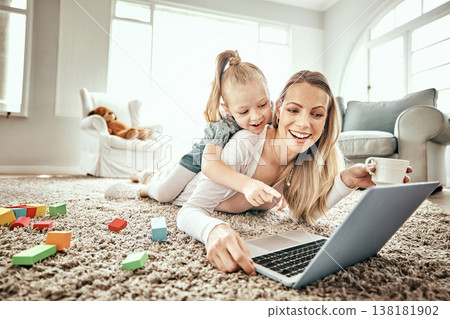 Mother, child and laptop for home games, e learning and happy video streaming or education on carpet in living room. Mom, family and girl play on floor and computer for kids website or online school Mother, child and laptop for home games, e learning and happy video streaming or education on carpet in living room. Mom, family and girl play on floor and computer for kids website or online school 138181902