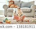 Learning, floor and child reading a book for education, fiction or studying in a home living room. Relax, carpet and a young girl kid with a story or fairytale in a house for playing, fun and curious 138181911