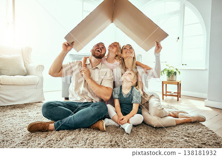Family, children and parents in living room, cardboard roof and protection with security, enjoying and playing..Insurance, mom and dad for life cover, home and bonding on floor, playful and affection Family, children and parents in living room, cardboard roof and protection with security, enjoying and playing..Insurance, mom and dad for life cover, home and bonding on floor, playful and affection 138181932
