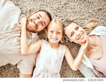 Happy, portrait and child with parents in the living room bonding and relaxing together at home. Happiness, love and girl kid laying with mother and father from Australia on floor in lounge at house. Happy, portrait and child with parents in the living room bonding and relaxing together at home. Happiness, love and girl kid laying with mother and father from Australia on floor in lounge at house. 138181944