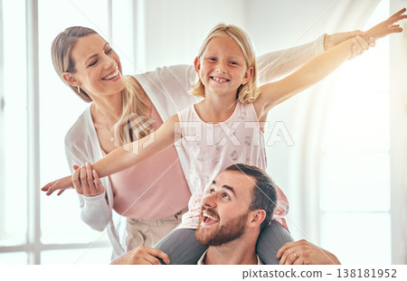 Parents, child and airplane on couch, smile or portrait for love, care or bonding in living room at family home. Father, mother and daughter for plane game, excited and relax on lounge sofa in house 138181952