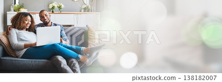 Couple, sofa and laptop for internet, home streaming service and online planning or website information with banner space. Man and woman relax with computer for film or movies in living room overlay Couple, sofa and laptop for internet, home streaming service and online planning or website information with banner space. Man and woman relax with computer for film or movies in living room overlay 138182007