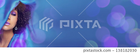 Woman, beauty and fashion with bokeh on banner with makeup, aesthetic and cosmetic on mock up space. Person, scarf and girl with confidence, seductive and serious face on purple background and curls 138182030