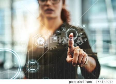 Gear icon, update hologram and woman hand touch for digital setting for help and information technology for business. Website, dashboard and application with futuristic research and data for work Gear icon, update hologram and woman hand touch for digital setting for help and information technology for business. Website, dashboard and application with futuristic research and data for work 138182048