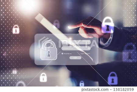 Hand, lock and password with hologram for cyber security, web safety and click for coding, tablet or stop virus. Person, touchscreen and overlay for scam, phishing or malware with online software 138182059