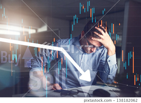 Man, stress and headache for double exposure on trading, computer data analytics and stock market crash. Frustrated trader, seller or investor with depression, sad or overlay for assets loss at night Man, stress and headache for double exposure on trading, computer data analytics and stock market crash. Frustrated trader, seller or investor with depression, sad or overlay for assets loss at night 138182062