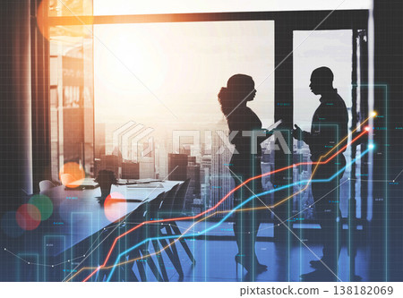 Business people, meeting and charts in double exposure for data analytics advice, investment negotiation or planning. Analyst, investor or financial team for silhouette and stats overlay on growth 138182069