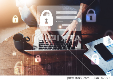 Hologram, laptop and hands of person for cybersecurity, website and information technology mockup. Business, password ui and top view of computer with overlay for lock, networking and research Hologram, laptop and hands of person for cybersecurity, website and information technology mockup. Business, password ui and top view of computer with overlay for lock, networking and research 138182072