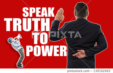 Megaphone, studio and business men for strike, protest and justice for equality on red background. Whistleblower, mockup space and worker with mic shout for equal pay, human rights and fraud for boss 138182083