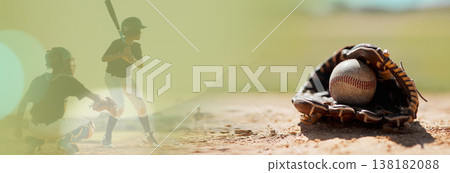 Banner, baseball or athlete with a ball in a game or match competition on field for sports performance. Double exposure, people playing softball or training on pitch for outdoor fitness in a stadium 138182088