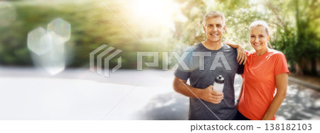 Mature, couple, portrait and fitness with mockup space and bokeh with smile from sport on road. Exercise, training and workout of a happy athlete on a street for health and wellness together outdoor 138182103