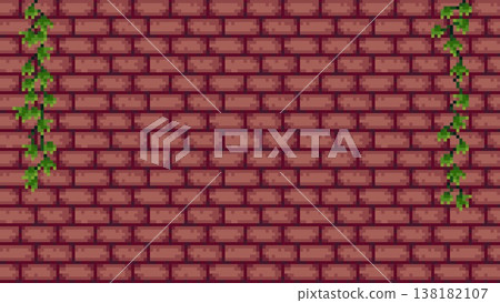 Pixel art brick wall background with hanging ivy, brown. Pixel art brick wall background with hanging ivy, brown. 138182107