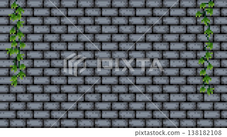 Pixel art brick wall background with hanging ivy, gray Pixel art brick wall background with hanging ivy, gray 138182108