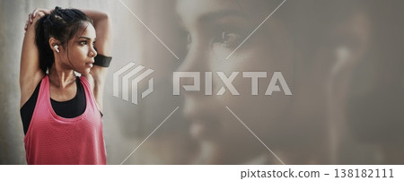 Fitness, mockup and woman in gym warmup for workout, commitment and thinking on banner with earphones. Info space, exercise and girl stretching with music, motivation podcast and double exposure. 138182111