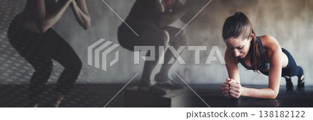 Fitness, planking and mockup and woman in gym for workout, commitment and body training on banner. Info space, exercise club and girl on floor for power challenge, motivation and double exposure. 138182122