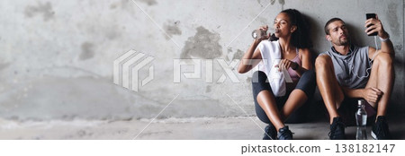 Break, fitness and banner of a couple with a phone for communication or water after exercise. Urban, relax and a man and woman with mockup space, mobile and a drink for training, health and app Break, fitness and banner of a couple with a phone for communication or water after exercise. Urban, relax and a man and woman with mockup space, mobile and a drink for training, health and app 138182147