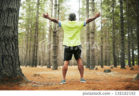 Back, forest and senior man with celebration, exercise and achievement with a challenge, progress and wellness. Fresh air, runner and athlete with success, nature and woods with health and training Back, forest and senior man with celebration, exercise and achievement with a challenge, progress and wellness. Fresh air, runner and athlete with success, nature and woods with health and training 138182192