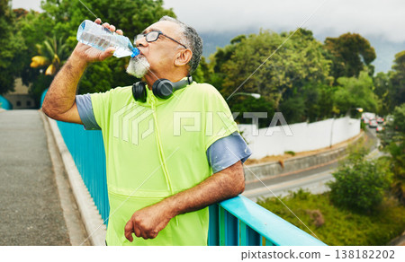 Fitness, drinking water or senior man on bridge for journey or exercise and resting or break. Relax, hydration or mature person in park for run, workout or cardio wellness and health in retirement Fitness, drinking water or senior man on bridge for journey or exercise and resting or break. Relax, hydration or mature person in park for run, workout or cardio wellness and health in retirement 138182202