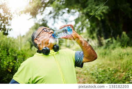 Senior man, fitness and drinking water in nature for hydration or natural sustainability after workout. Mature male person with mineral drink from exercise, training or cardio in recovery or break 138182203