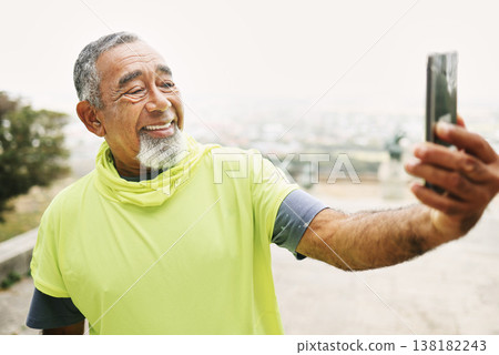 Selfie, smile and senior man hiking for health, wellness or cardio training on a mountain. Happy, nature and portrait of excited elderly male person taking a picture for outdoor trekking in the woods 138182243