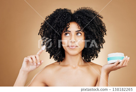 Skincare face, think and woman with cream container, beauty routine or brainstorming idea, treatment or detox plan. Cosmetic girl, acne lotion solution or studio hydration product on brown background Skincare face, think and woman with cream container, beauty routine or brainstorming idea, treatment or detox plan. Cosmetic girl, acne lotion solution or studio hydration product on brown background 138182265