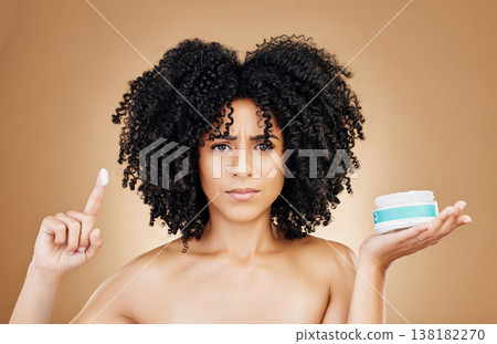 Skincare problem, portrait or woman with cream container, beauty results or facial melasma risk, stress or allergic reaction. Skin crisis, lotion or studio model with bad cosmetic on brown background Skincare problem, portrait or woman with cream container, beauty results or facial melasma risk, stress or allergic reaction. Skin crisis, lotion or studio model with bad cosmetic on brown background 138182270