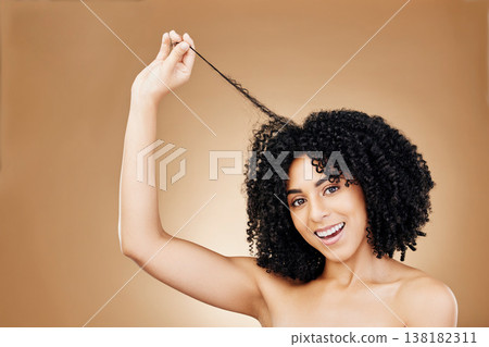 Woman, portrait and hair, curly with shine and beauty, smile for salon treatment and strong texture on studio background. Face, skin and glow with growth, haircare and cosmetology with model and afro Woman, portrait and hair, curly with shine and beauty, smile for salon treatment and strong texture on studio background. Face, skin and glow with growth, haircare and cosmetology with model and afro 138182311