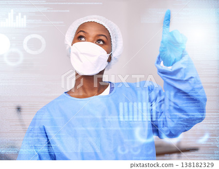 Surgeon, hologram and futuristic doctor press digital medical data for medicine research in a hospital or clinic. Technology, information and professional working on internet or online for healthcare 138182329