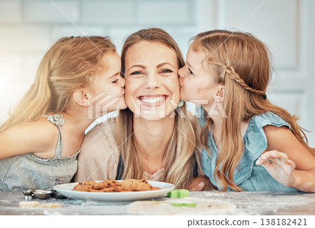 Family, kiss and smile in kitchen for cooking, love and bonding with children on mothers day. Happy mom and kids, baking and care in home, breakfast and snacks for nutrition, fresh cookies and food Family, kiss and smile in kitchen for cooking, love and bonding with children on mothers day. Happy mom and kids, baking and care in home, breakfast and snacks for nutrition, fresh cookies and food 138182421