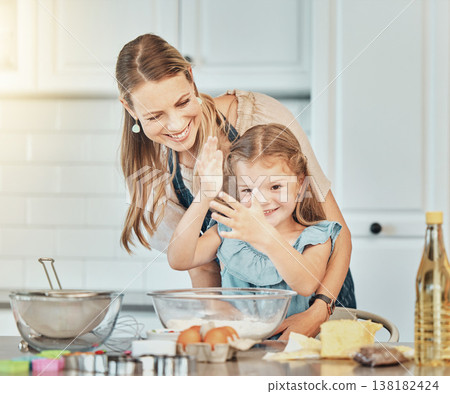 Mom, girl child and teaching for cooking, development and skills with bonding, love and care in family home. Baking, mother and daughter with smile, flour and eggs on table, kitchen and help for food Mom, girl child and teaching for cooking, development and skills with bonding, love and care in family home. Baking, mother and daughter with smile, flour and eggs on table, kitchen and help for food 138182424