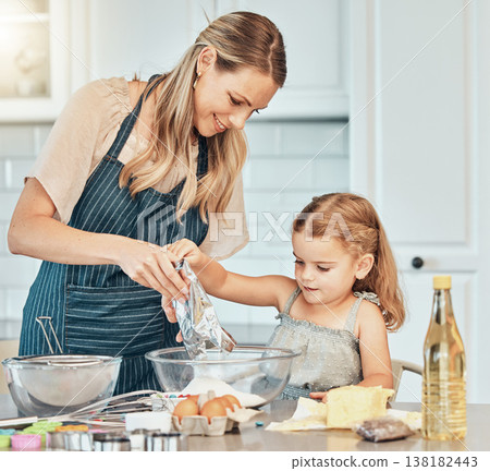 Mom, girl kid and teaching for cooking, development and skills with bonding, love and care in family home. Baking, mother and daughter with bowl, flour and eggs on table, kitchen and helping for food Mom, girl kid and teaching for cooking, development and skills with bonding, love and care in family home. Baking, mother and daughter with bowl, flour and eggs on table, kitchen and helping for food 138182443