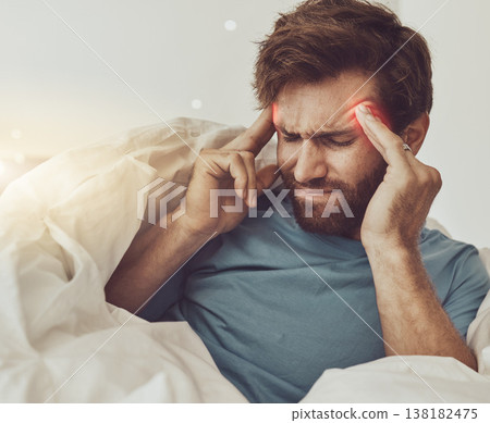 Man, headache and pain, massage temple and sick, tired at home with medical condition or stress with red overlay. Migraine, health fail and brain fog, vertigo and dizziness with glow and fever 138182475