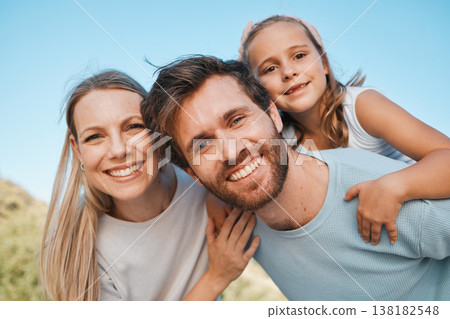Nature portrait, happiness and family child, mother and father enjoy time together, park or outdoor wellness. Freedom, summer holiday and face of happy mom, dad and young kid bonding, care and love Nature portrait, happiness and family child, mother and father enjoy time together, park or outdoor wellness. Freedom, summer holiday and face of happy mom, dad and young kid bonding, care and love 138182548