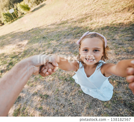 Happy, pov and hands swing child outdoor in garden, park or game in nature with parent. Girl, face and dad or mom swinging kid for crazy, fun or bonding in summer, vacation or backyard games 138182567