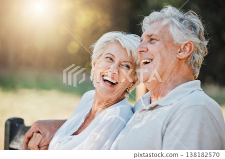 Senior couple, laughing or park bench in nature garden for love, support or bonding retirement trust. Smile, woman or elderly man in backyard for joke, funny news or relationship on lens flare space 138182570