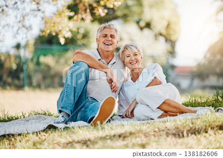 Senior couple, portrait or picnic in park for love, support or bonding retirement in Australia nature garden. Smile, relax and elderly man and happy woman on blanket in backyard grass field for break 138182606
