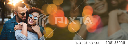 Happy holiday, hug or nature couple bonding, commitment or care for trendy girlfriend, stylish boyfriend or romantic partner. Natural mockup space, glasses or park banner man, woman or people embrace 138182636
