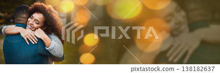 Smile, love hug and nature couple bonding, commitment and care for girlfriend, boyfriend or romantic partner. Mockup space, forest or advertising banner man, woman or people support, romance or trust 138182637