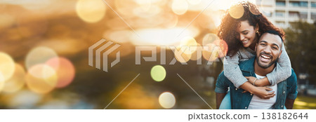Park, piggyback and couple happy, hug and playing fun games, bonding and excited on nature date, walk or journey. Natural mockup space, bokeh and banner man, woman or people embrace, smile and trust 138182644