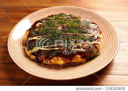 Okonomiyaki, home cooking, presentation, plate 138182658
