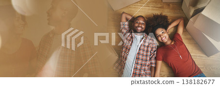 Portrait, mockup or happy couple on floor in new house for investment, property or real estate. Space, top view or black man with an African person in apartment with loan success, goal or security 138182677
