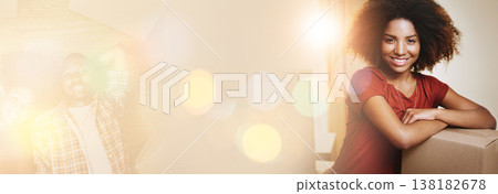 Portrait, mockup or happy black woman with boxes in new home for investment, property or real estate. Bokeh, space or proud African person in apartment excited with loan success, goal or security 138182678