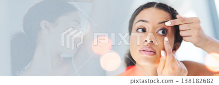 Double exposure, grooming and woman check contact lenses for morning hygiene for beauty and cosmetics. Eyes, routine and young person with makeup for skincare with deodorant smell in bathroom Double exposure, grooming and woman check contact lenses for morning hygiene for beauty and cosmetics. Eyes, routine and young person with makeup for skincare with deodorant smell in bathroom 138182682