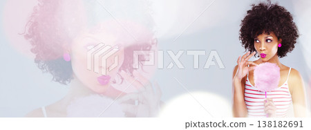 Beauty, cosmetics and woman in mockup overlay, eating candy and double exposure for fashion promo. Banner, presentation and sweets, face of trendy model with info space for makeup and girl in studio. Beauty, cosmetics and woman in mockup overlay, eating candy and double exposure for fashion promo. Banner, presentation and sweets, face of trendy model with info space for makeup and girl in studio. 138182691
