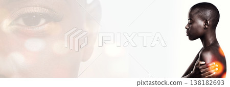 Beauty, face and African woman with mockup space for advertising, makeup promotion and banner. Skincare overlay, dermatology and portrait of person with cosmetics, glamour or glow on white background Beauty, face and African woman with mockup space for advertising, makeup promotion and banner. Skincare overlay, dermatology and portrait of person with cosmetics, glamour or glow on white background 138182693