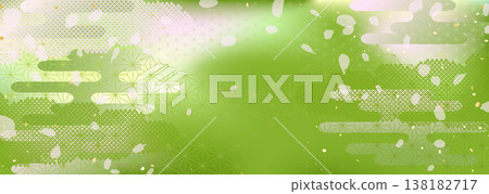 日式背景插圖，將抹茶和櫻花的漸層色與傳統圖案結合。 138182717