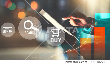 Hands, tablet screen and icons for online shopping, e commerce overlay and buy, sign up or search engine at night. Person on digital technology with user experience, graphs and charts for algorithm Hands, tablet screen and icons for online shopping, e commerce overlay and buy, sign up or search engine at night. Person on digital technology with user experience, graphs and charts for algorithm 138182718