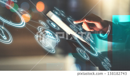 Business person, hand and digital hologram at night of UI, HUD or dashboard for interaction at office. Closeup of employee working late on futuristic technology, 3D or holographic icons at workplace Business person, hand and digital hologram at night of UI, HUD or dashboard for interaction at office. Closeup of employee working late on futuristic technology, 3D or holographic icons at workplace 138182743